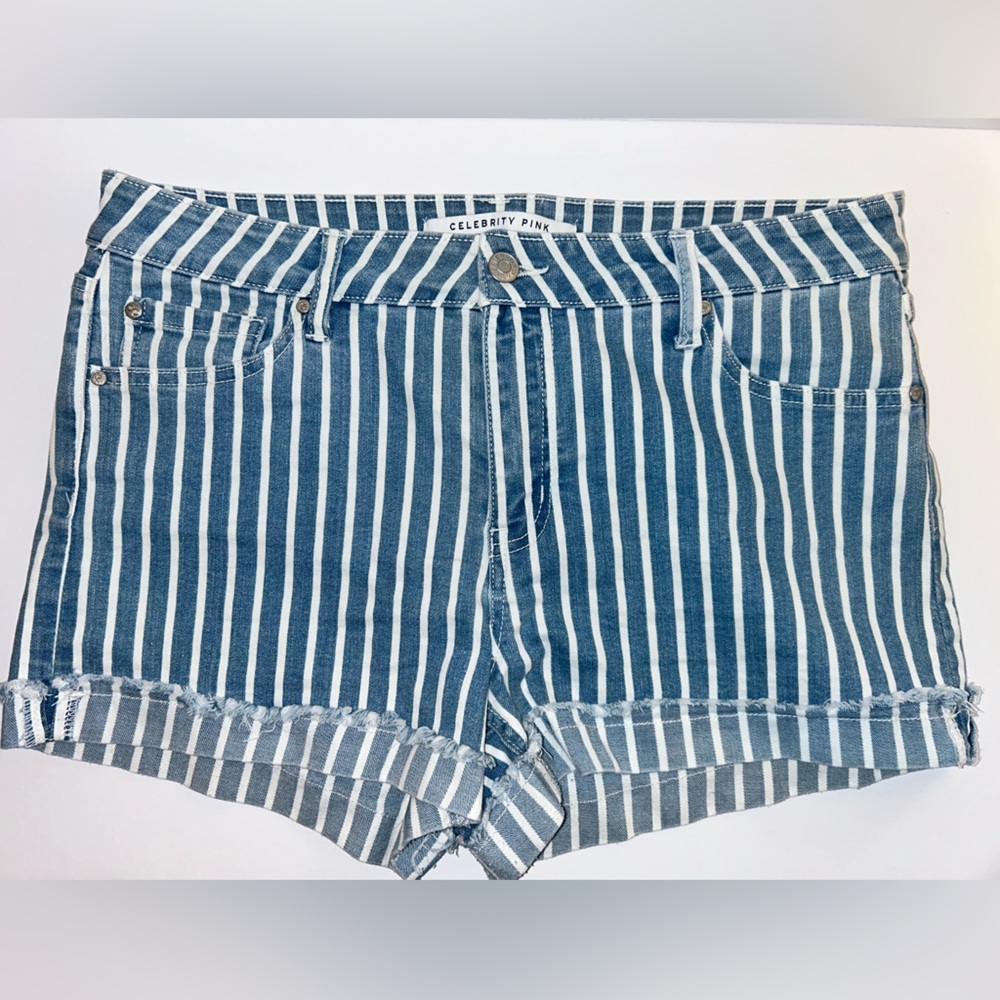 Striped blue and white Celebrity Pink stretchy denim shorts